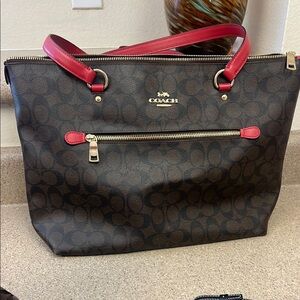 Coach Gallery Tote Brown and Red with Leather Accents